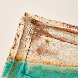 Handmade Ceramic Squared Plate Glazed into Oat and Turquoise color